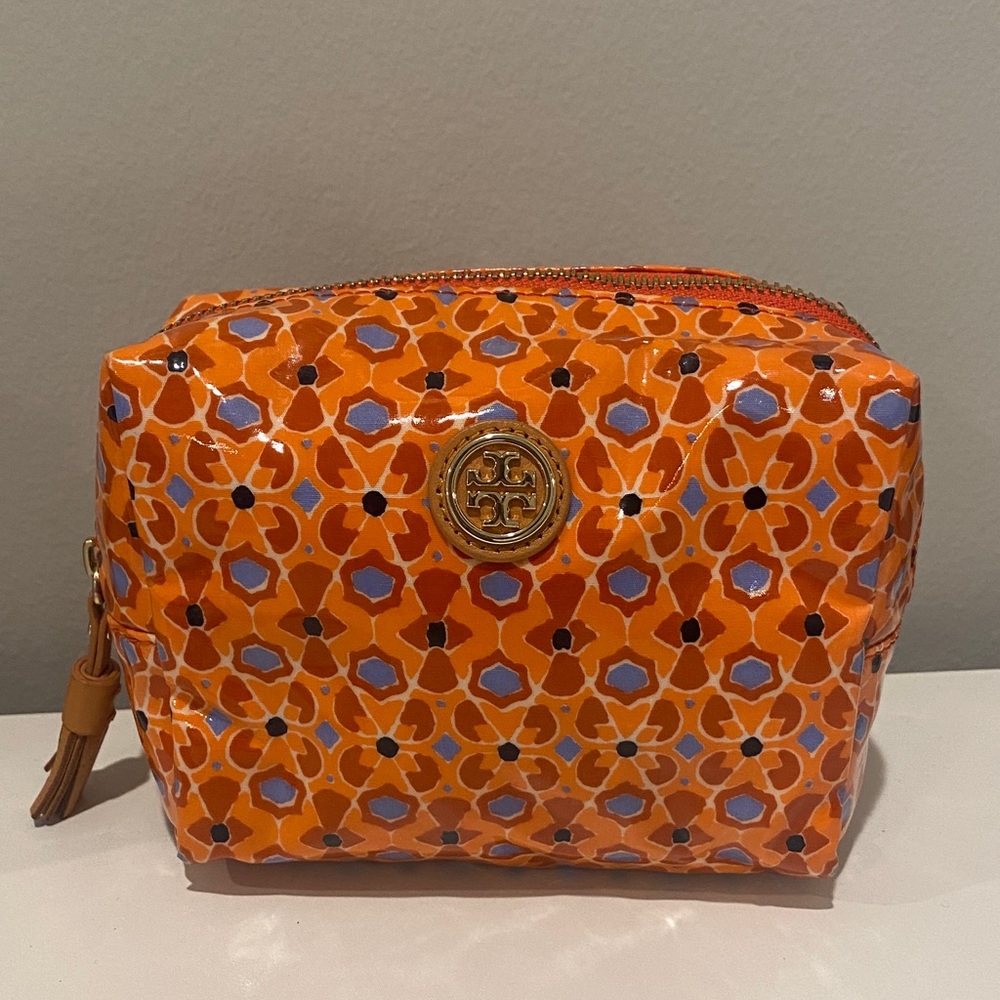 Tory Burch Orange and Blue Patterned Cosmetic Bag
